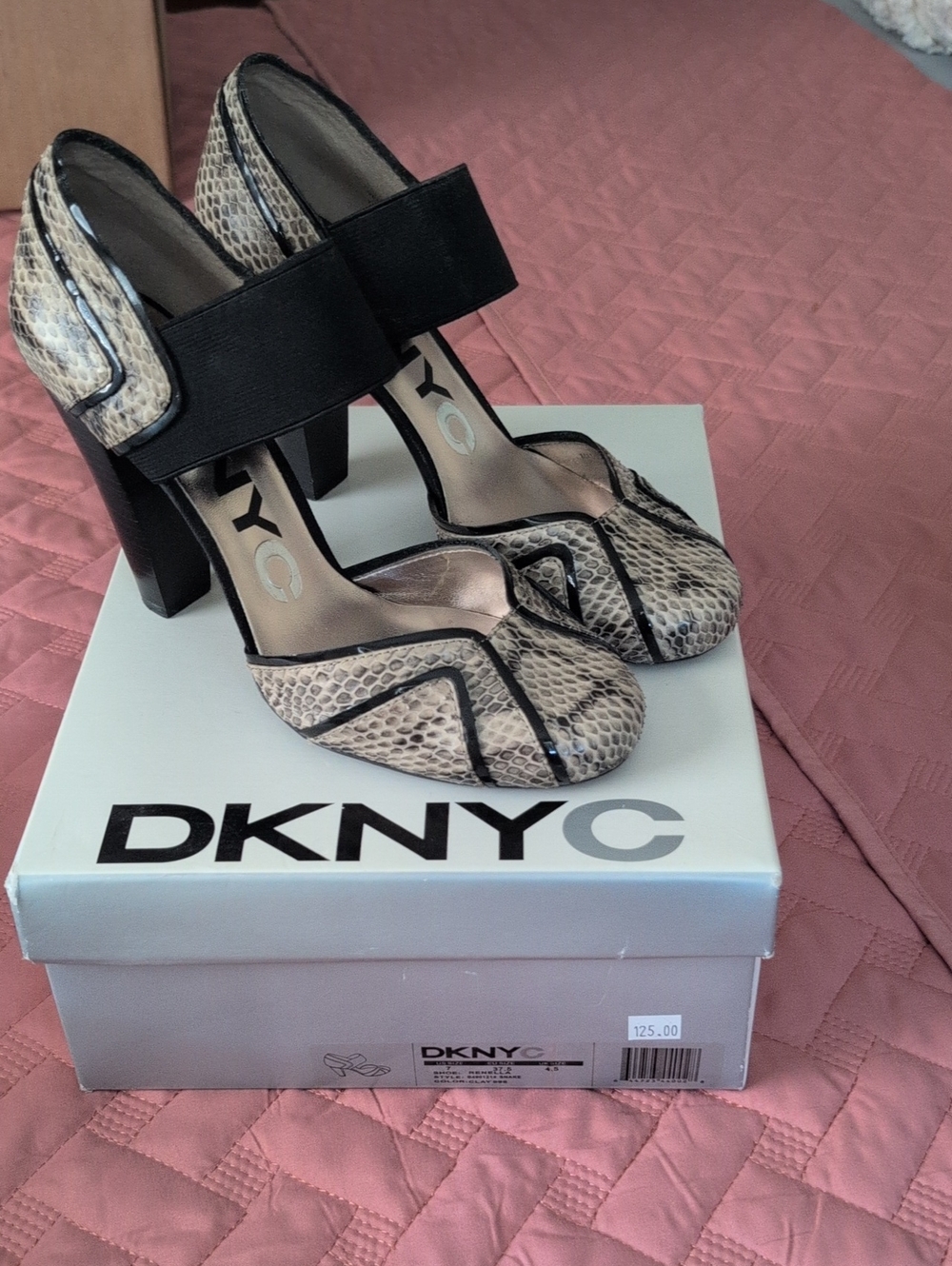 DKNYC Beige Snake-Print Block Heel Pumps with Black Trim